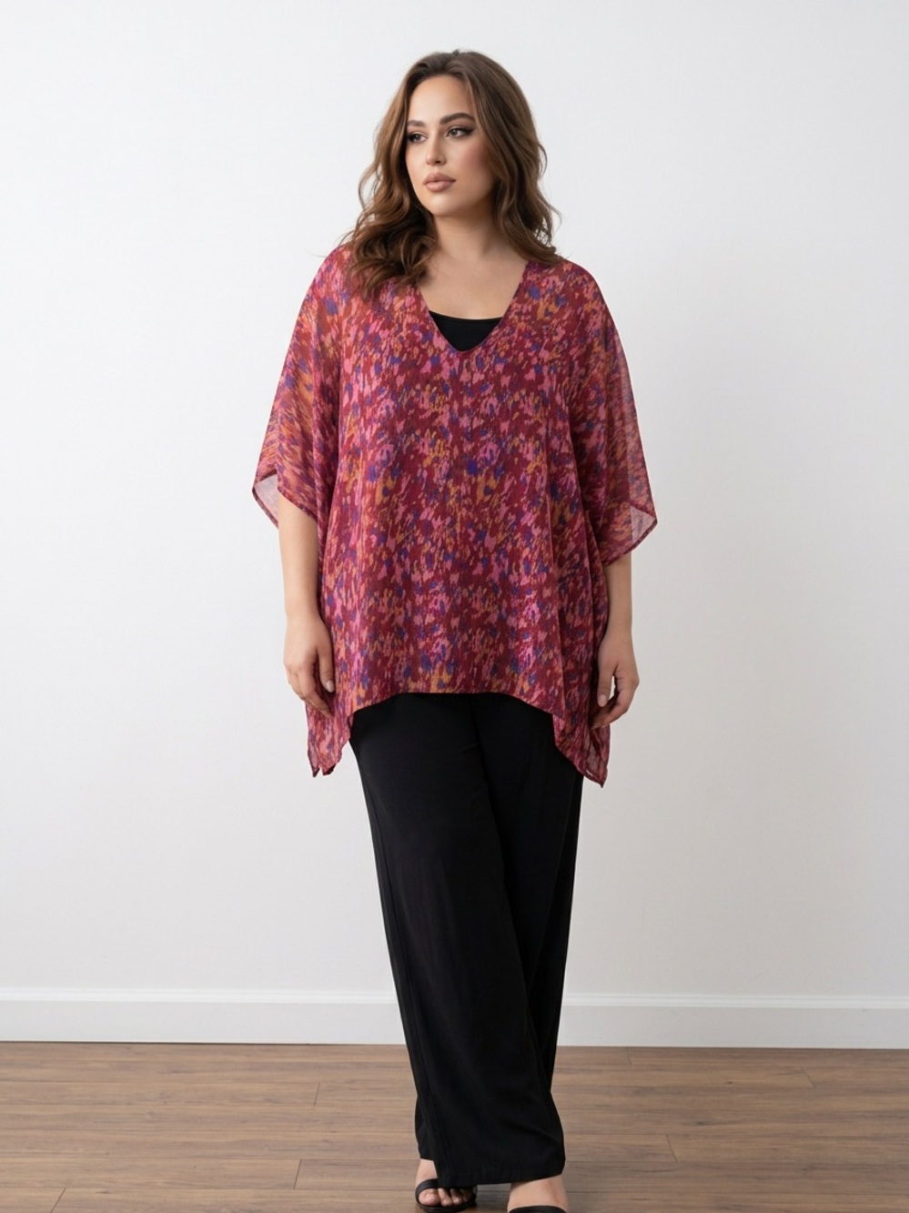 Adrienne V-Neck Printed Poncho Top in Magenta and Purple